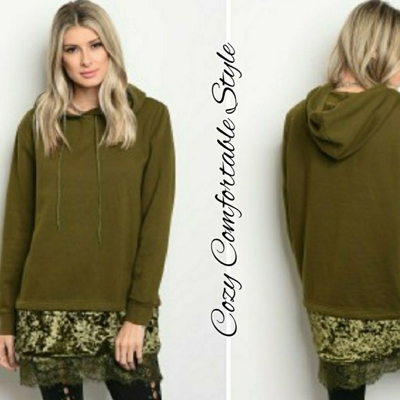Dresses & Skirts - LAST ONE! Hooded Fleece & Velvet Tunic Dress Olive